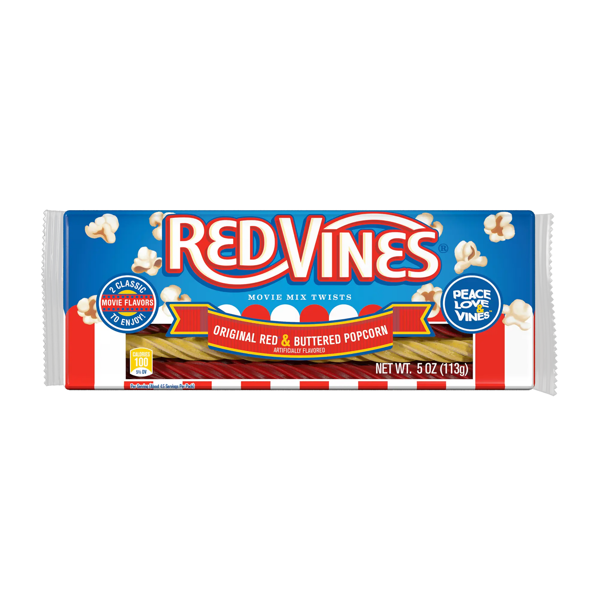 Front of Red Vines Buttered Popcorn & Original Red Twists 5oz Tray