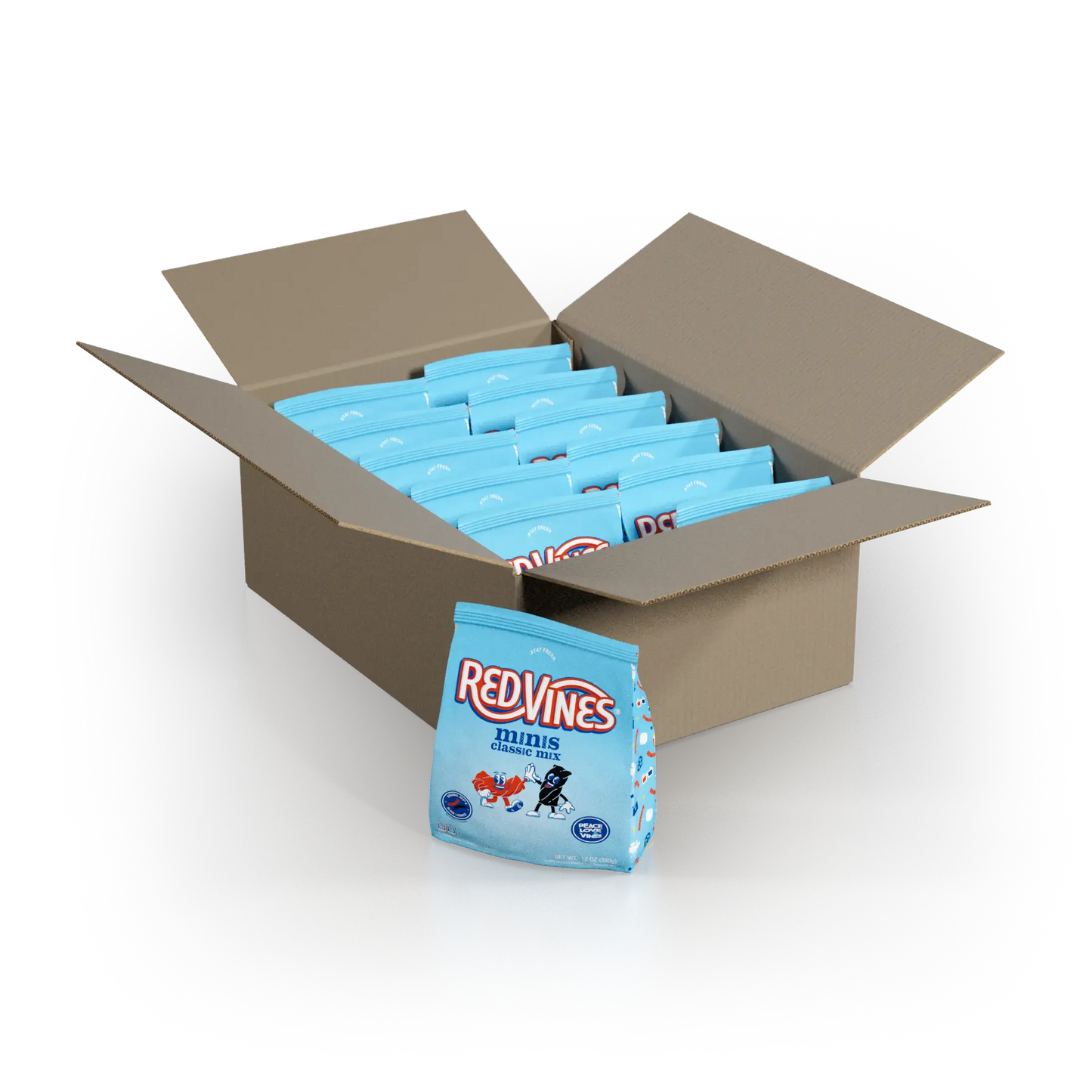 12-count case of Red Vines Classic Mix Red and Black Licorice Mini Twists 12oz Bags