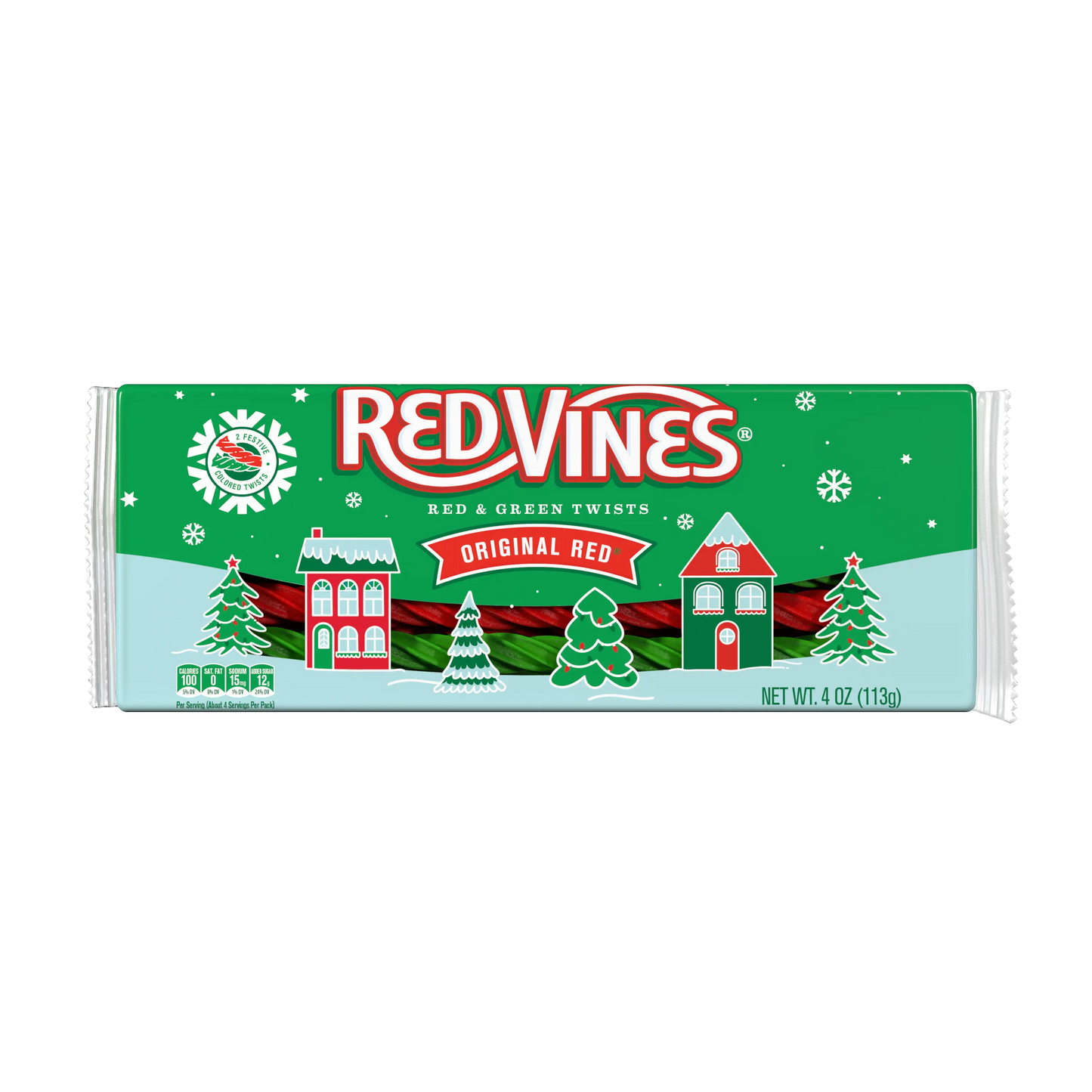 Front of Red Vines 2-Color Twists Christmas Candy 4oz Tray