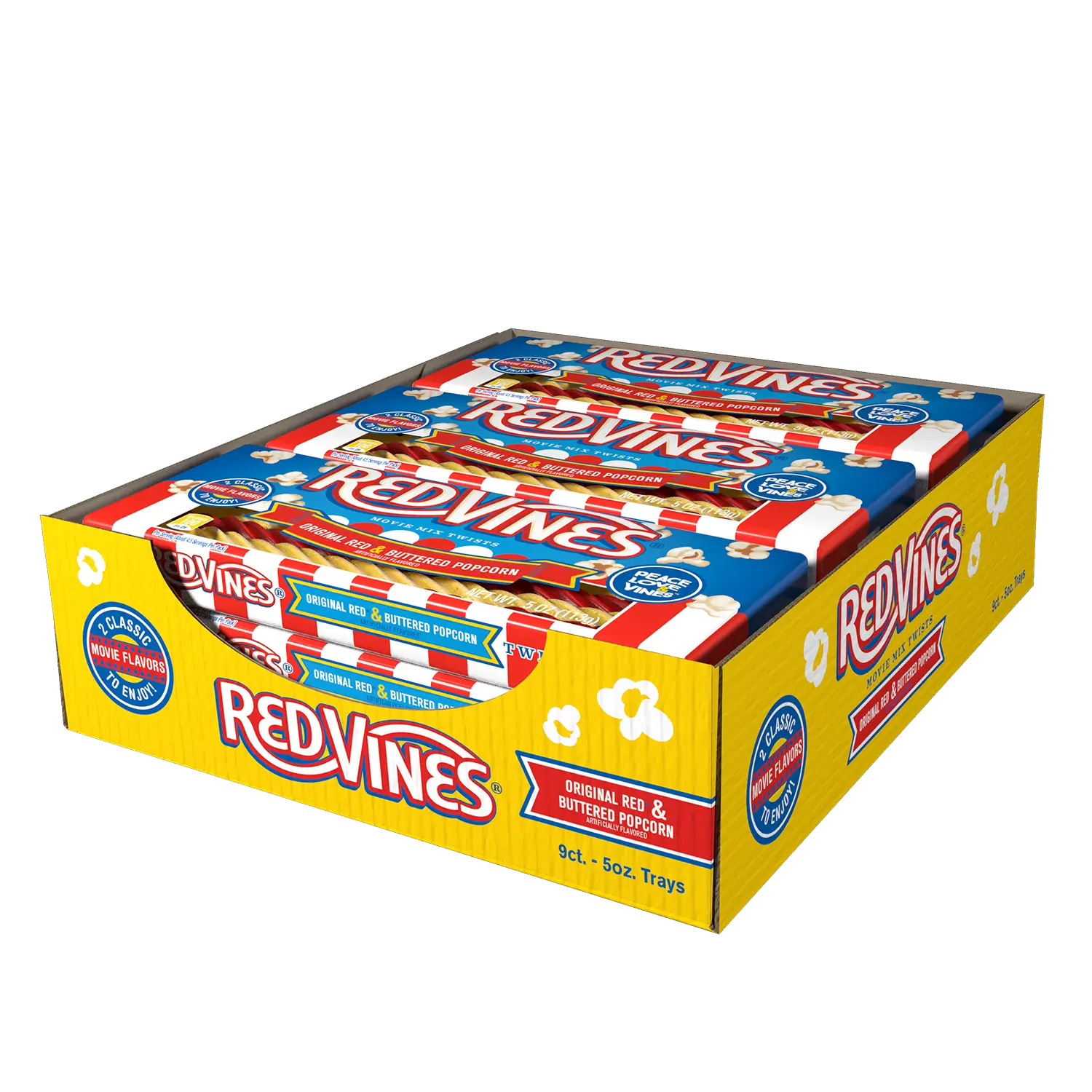 Angled view of Red Vines Buttered Popcorn & Original Red Twists 9 count caddy