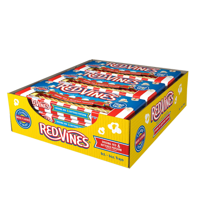 Angled view of Red Vines Buttered Popcorn & Original Red Twists 9 count caddy