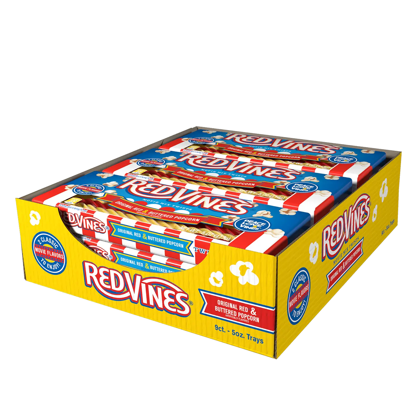 Angled view of Red Vines Buttered Popcorn & Original Red Twists 9 count caddy