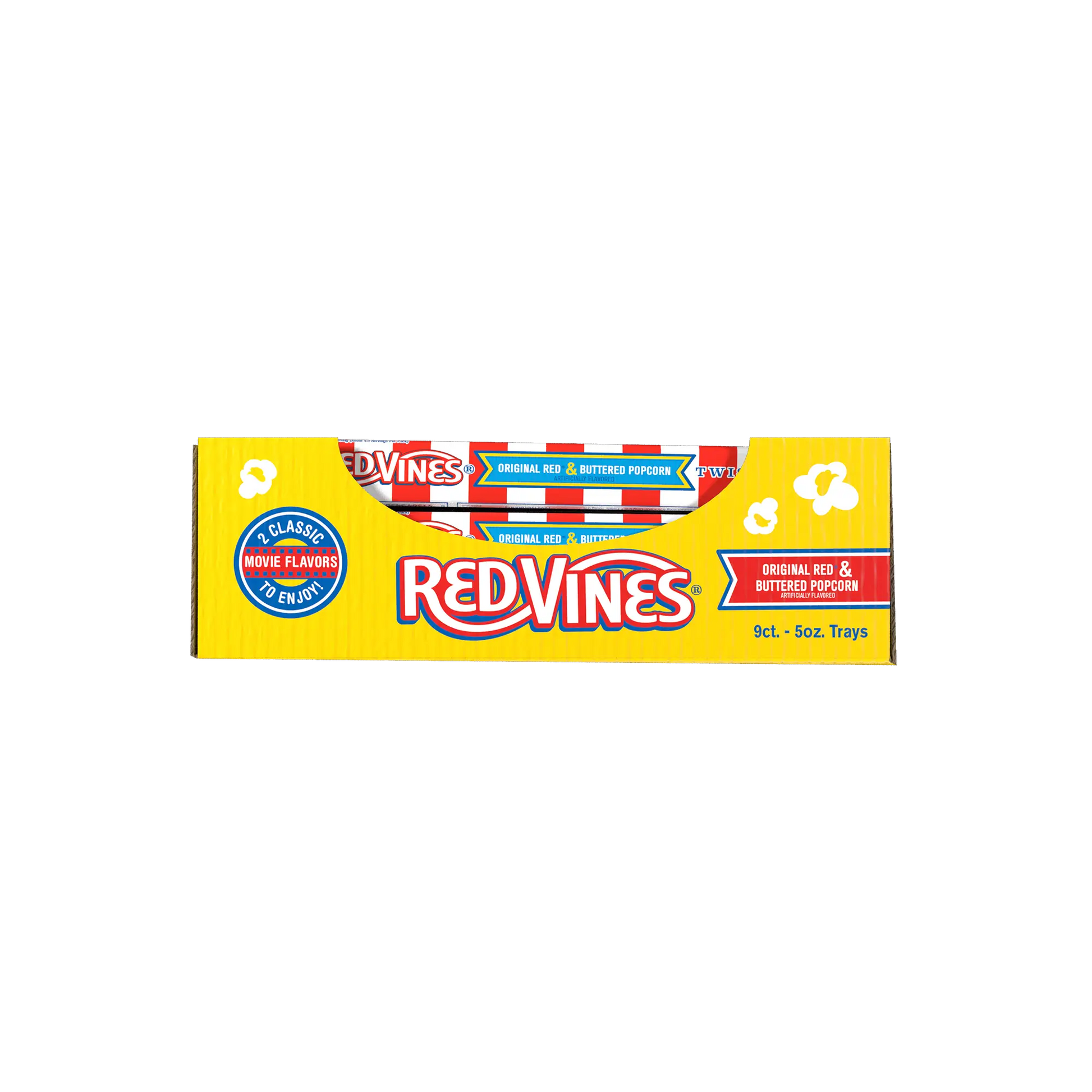 Front view of Red Vines Buttered Popcorn & Original Red Twists 9 count caddy