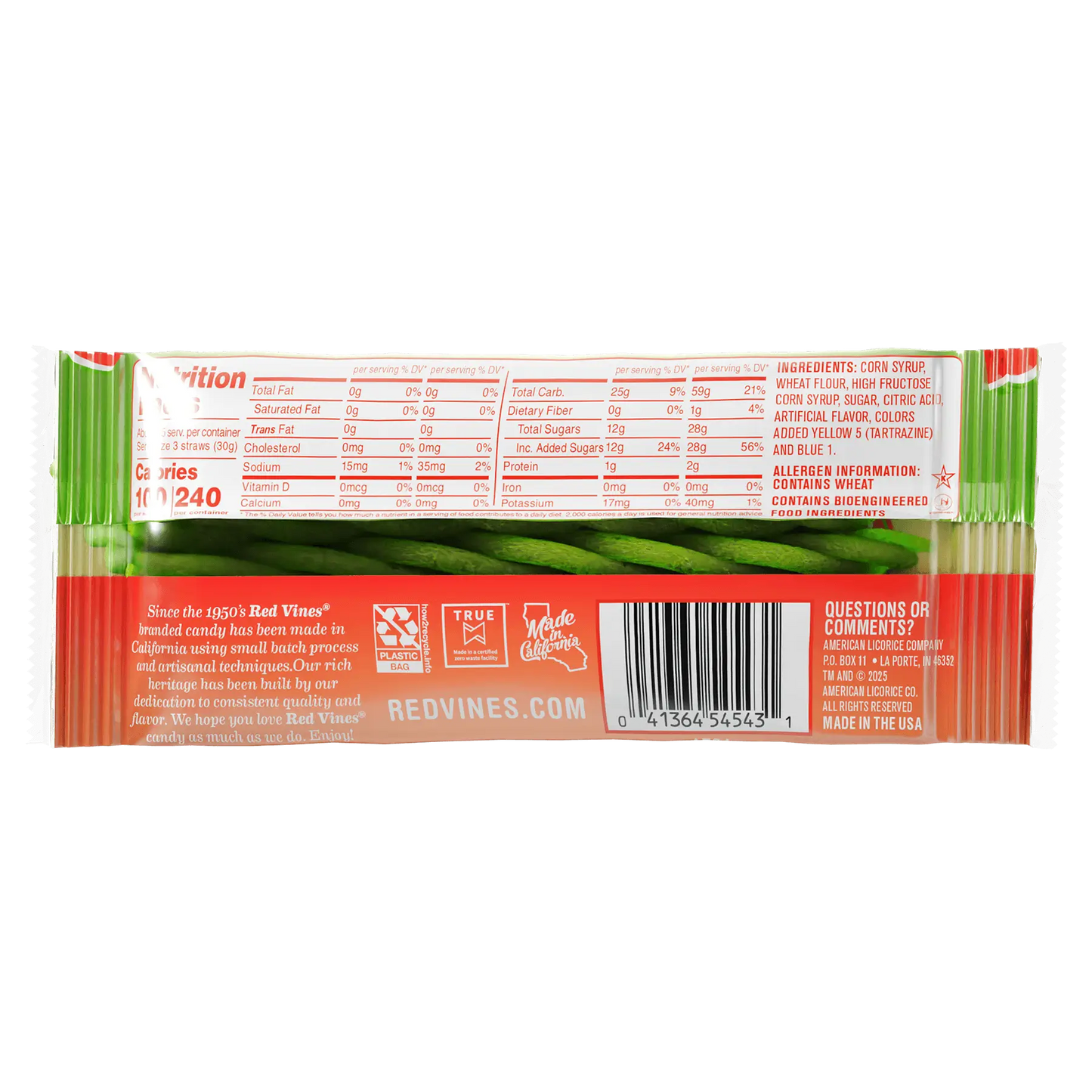 Back of Red Vines Watermelon Twisted Vines 2.5oz Bag