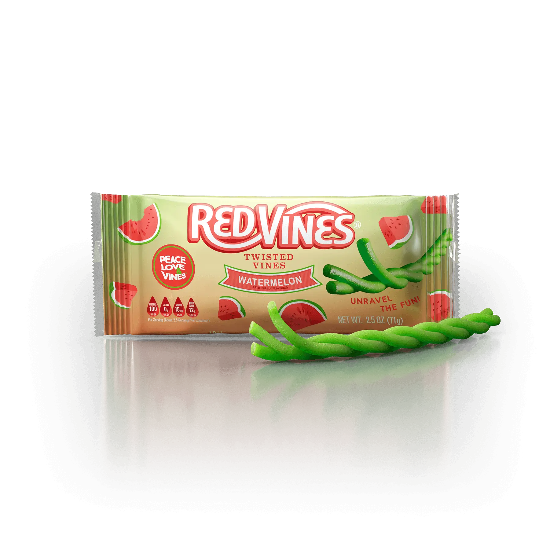 Red Vines Watermelon Twisted Vines 2.5oz Bag with raw watermelon licorice candy twist in front