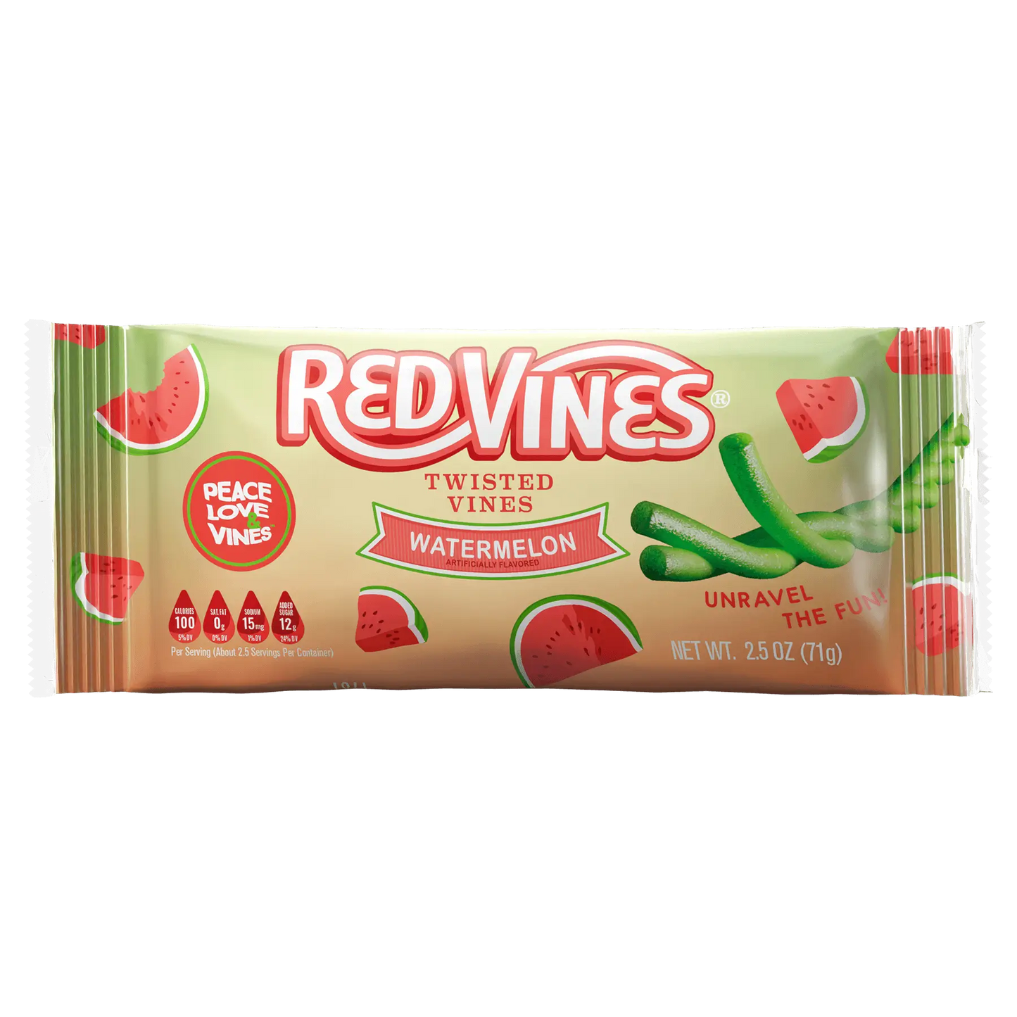 Front of Red Vines Watermelon Twisted Vines 2.5oz Bag