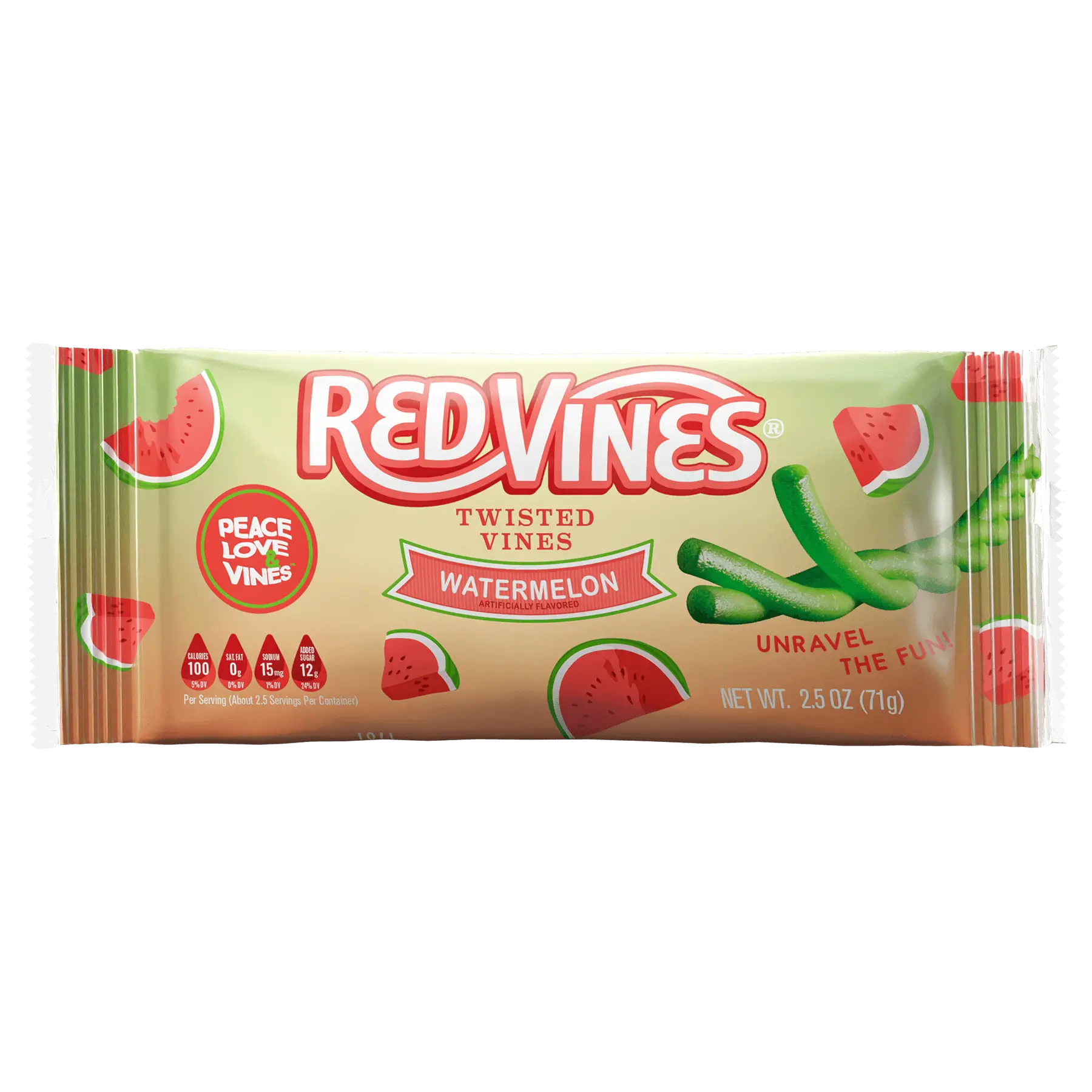 Front of Red Vines Watermelon Twisted Vines 2.5oz Bag