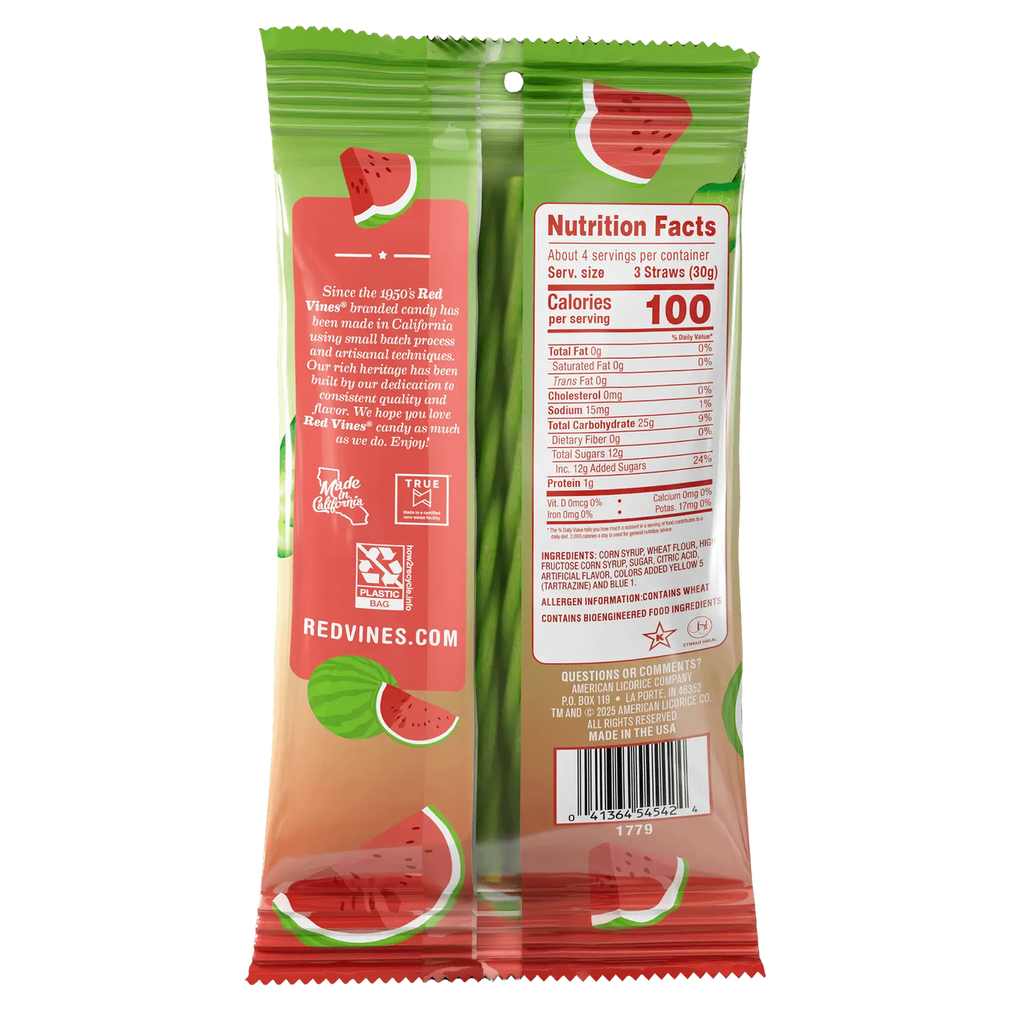 Back of Red Vines Watermelon Twisted Vines 4oz Bag - Bulk Watermelon Candy