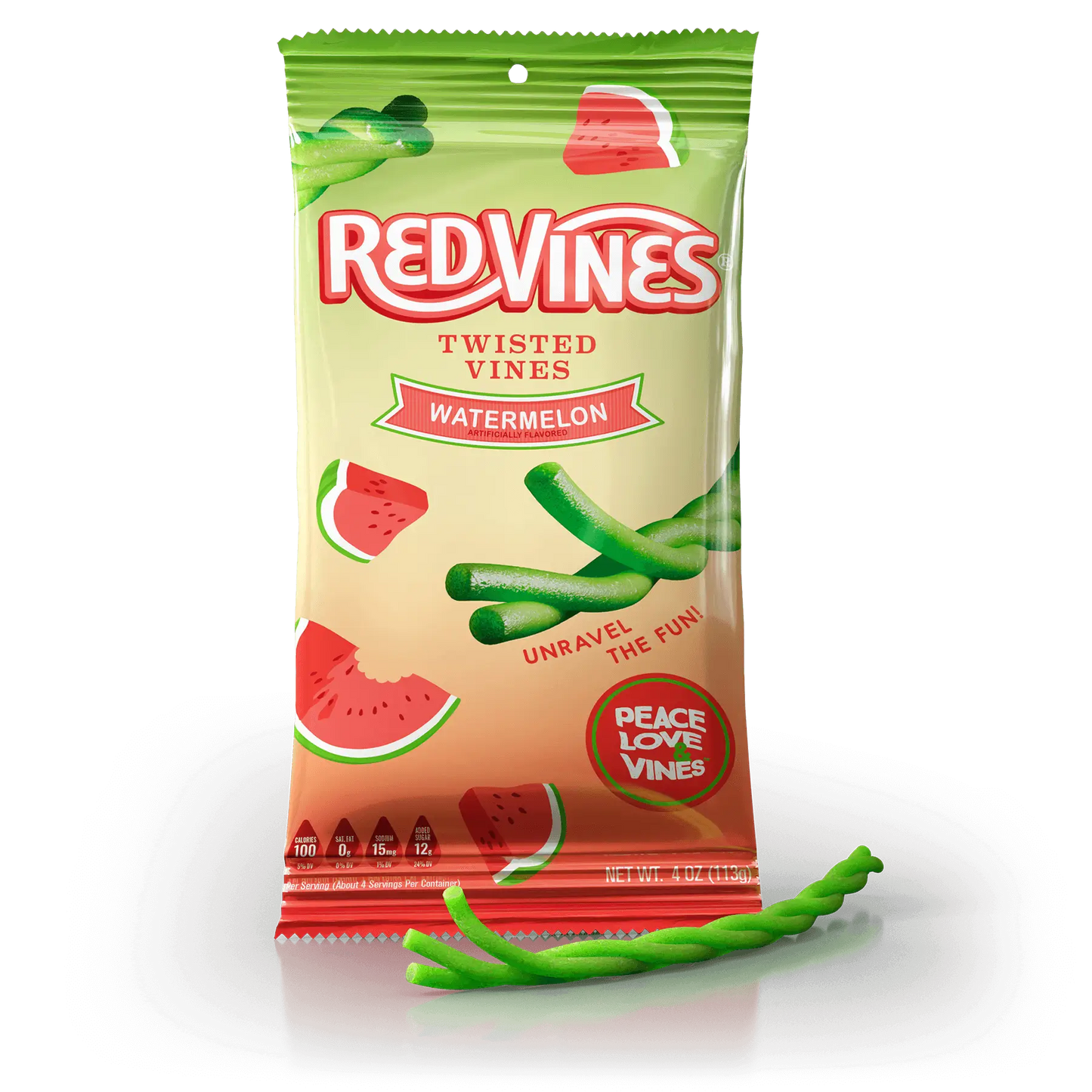 Red Vines Watermelon Twisted Vines 4oz Bag with raw watermelon licorice candy piece in front - Bulk Watermelon Candy