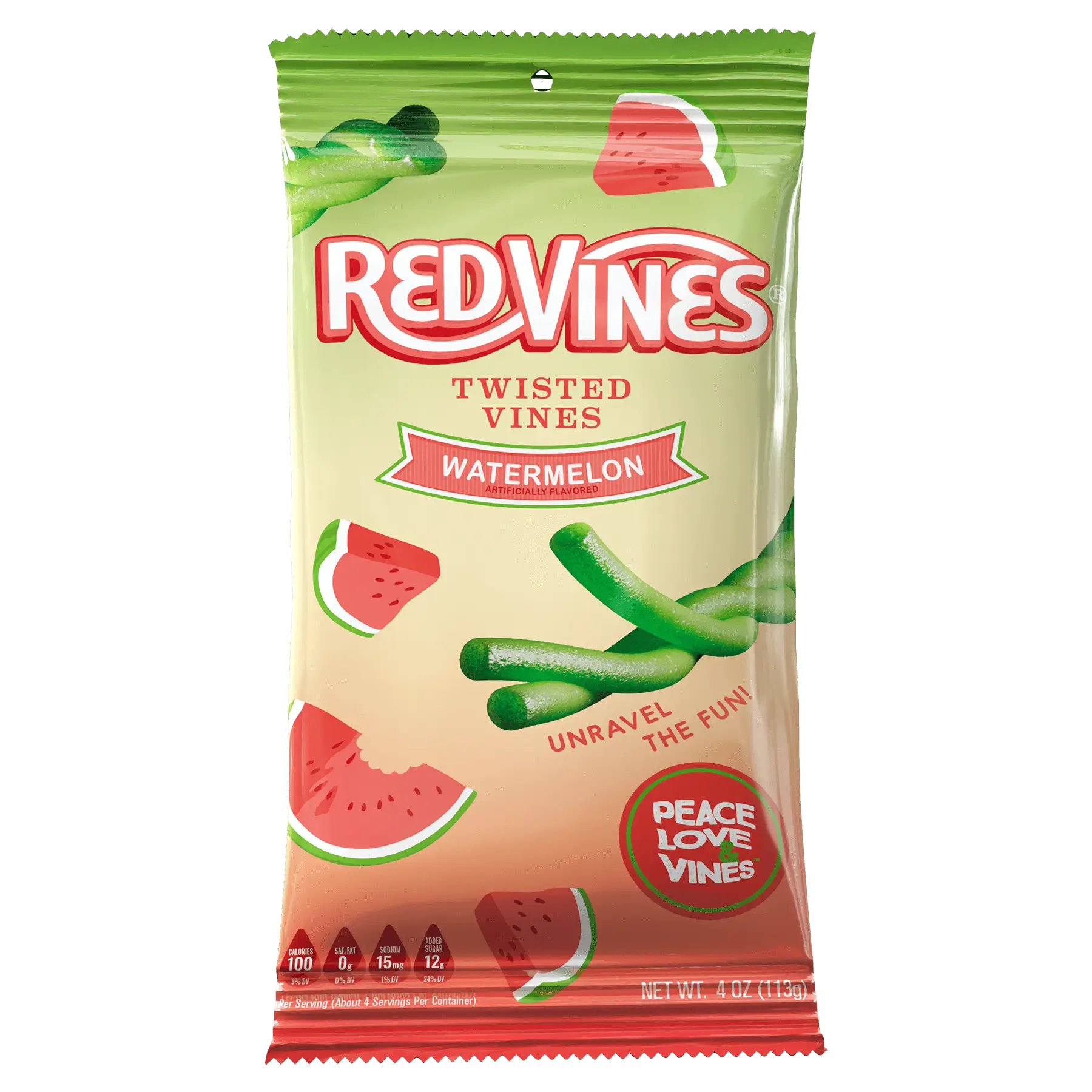 Front of Red Vines Watermelon Twisted Vines 4oz Bag - Bulk Watermelon Candy