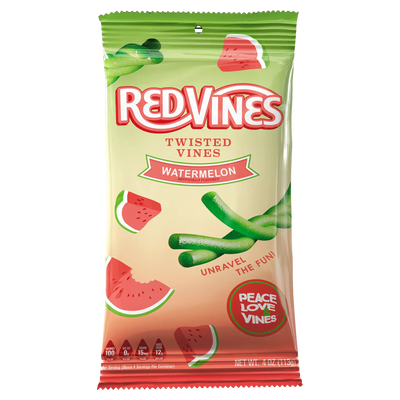 Front of Red Vines Watermelon Twisted Vines 4oz Bag - Bulk Watermelon Candy