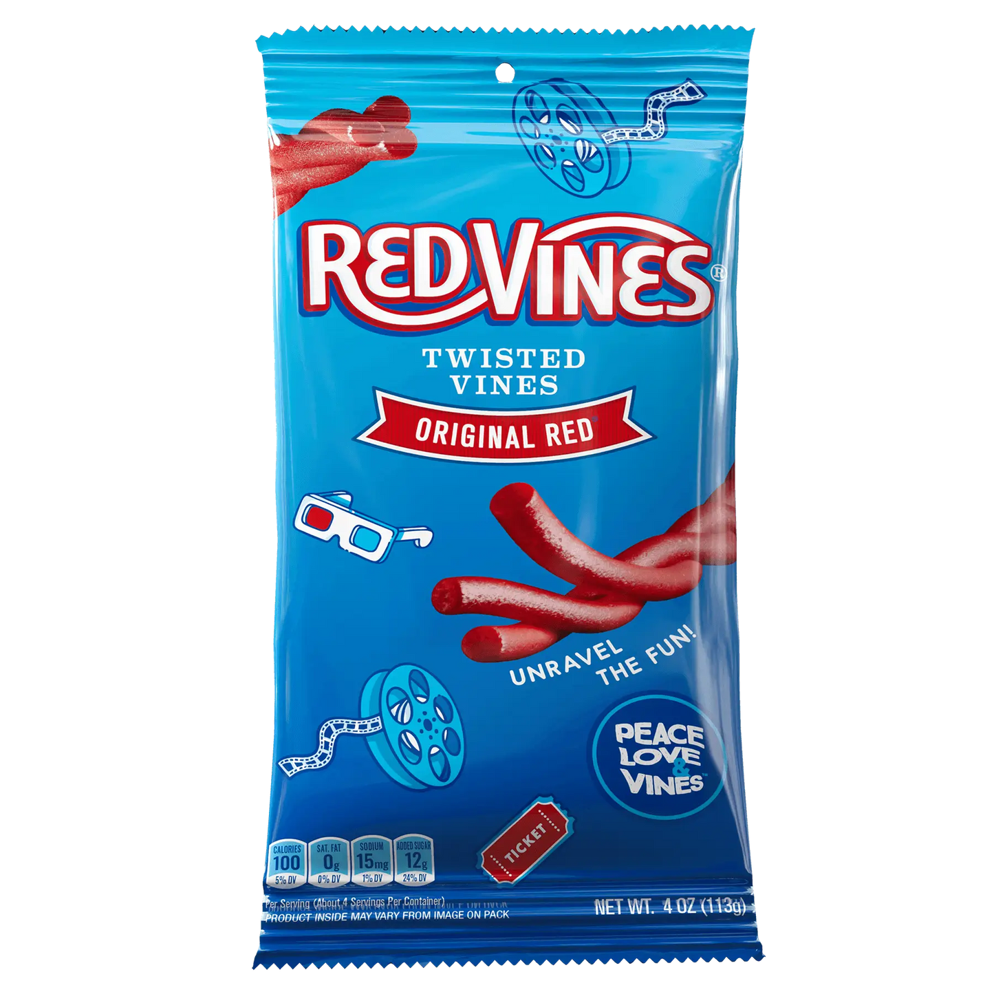 Front of Red Vines Original Red Twisted Vines 4oz Bag - Bulk Pull and Peel Licorice
