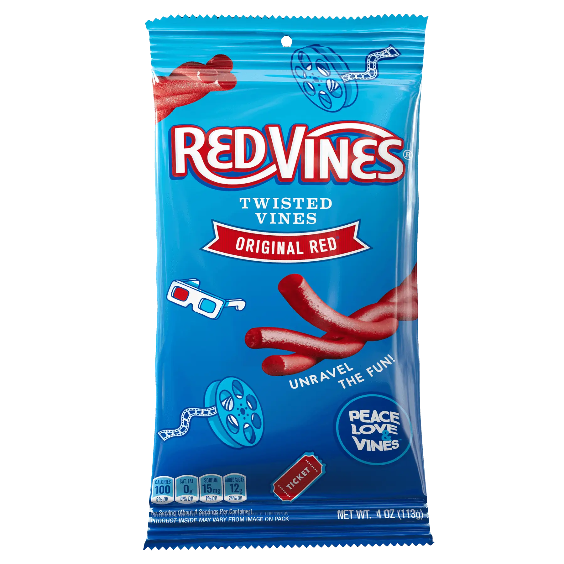 Front of Red Vines Original Red Twisted Vines 4oz Bag - Bulk Pull and Peel Licorice