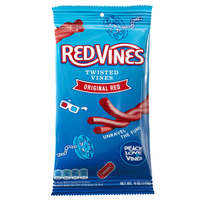 Front of Red Vines Original Red Twisted Vines 4oz Bag - Bulk Pull and Peel Licorice