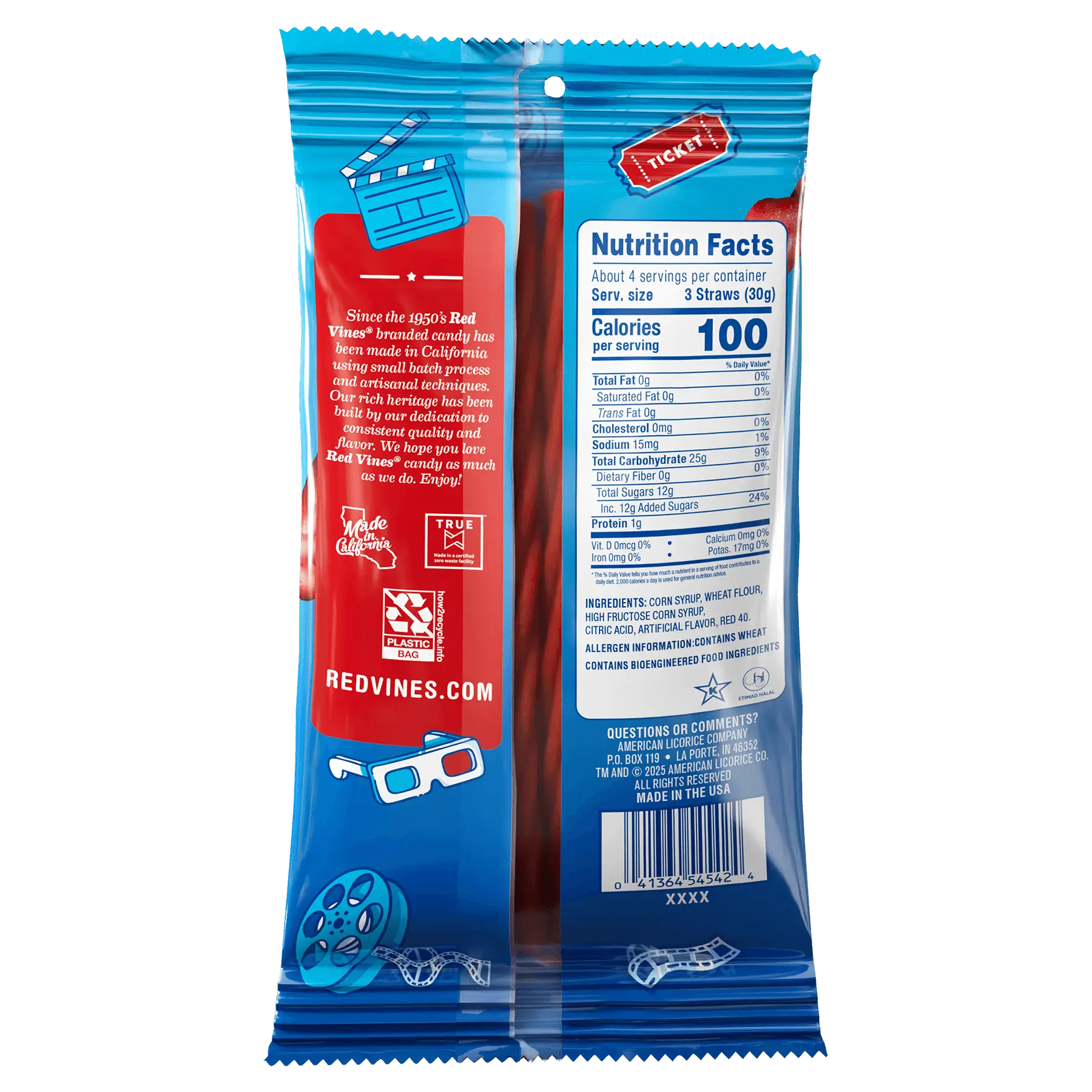 Back of Red Vines Original Red Twisted Vines 4oz Bag - Bulk Pull and Peel Licorice