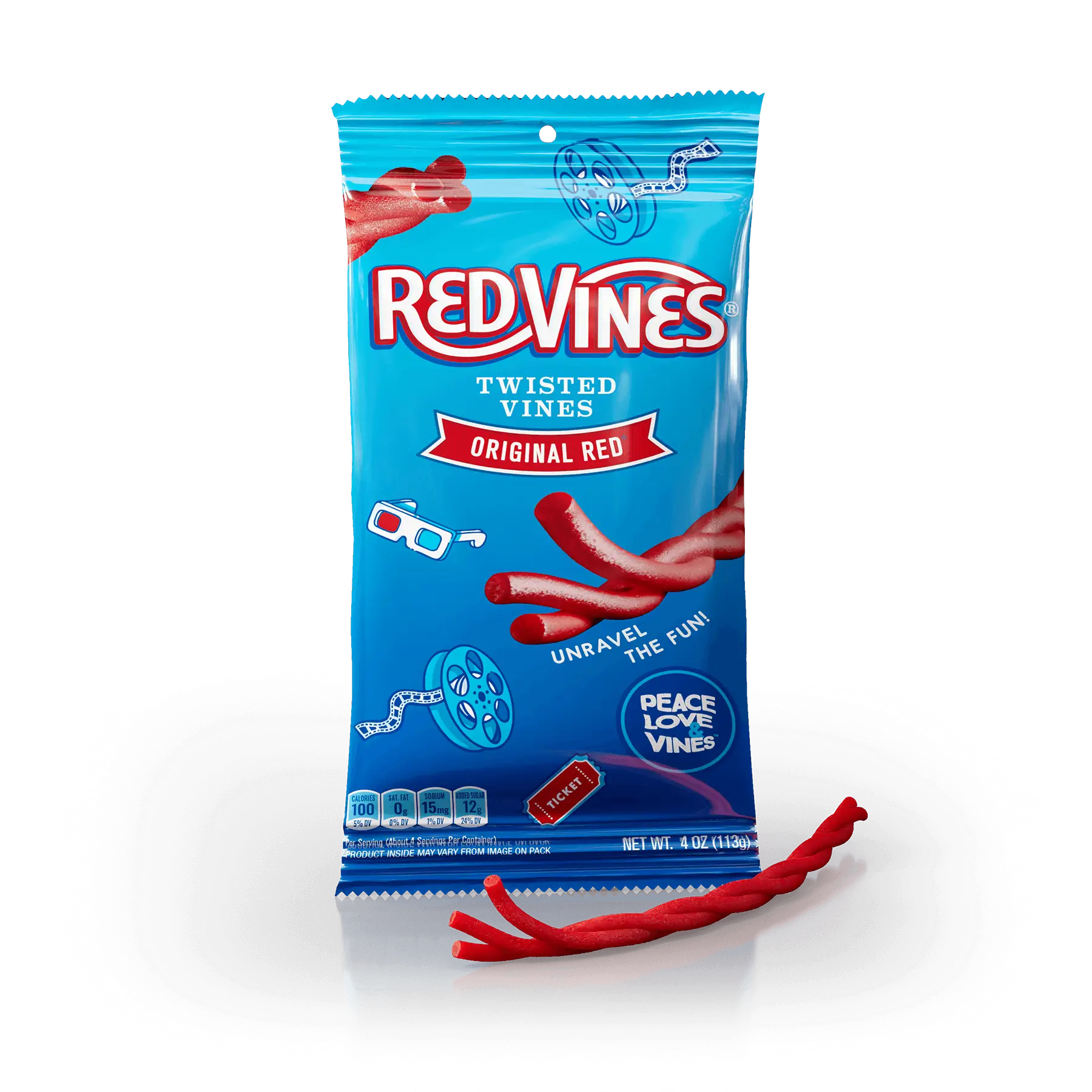 Red Vines Original Red Twisted Vines 4oz Bag with raw braided licorice candy piece in front - Bulk Pull and Peel Licorice