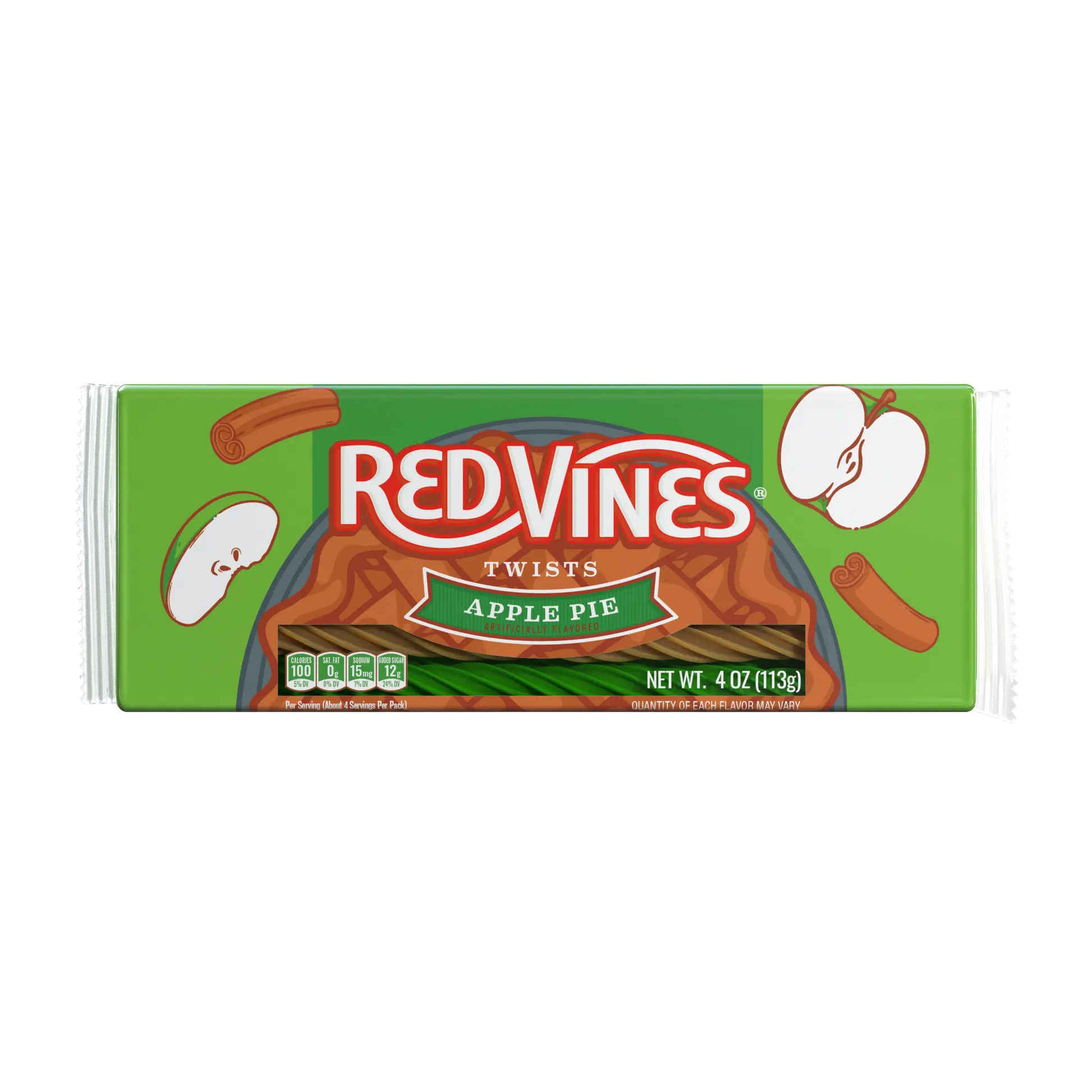 Front of Red Vines Apple Pie Twists 4oz Tray