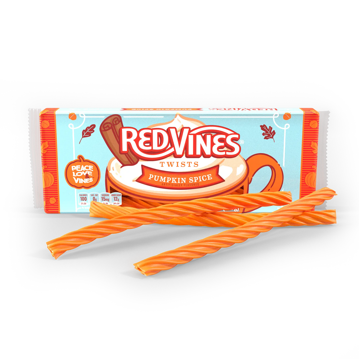 Red Vines Pumpkin Spice Halloween Candy Twists - front of 4oz tray with raw pumpkin spice licorice twists