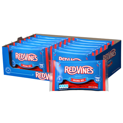 12 count box of RED VINES 14oz Original Red Licorice Laydown Bags
