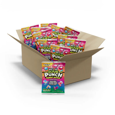 12 count bulk candy box of Not So SOUR PUNCH Sweet Bites candy in 5oz hanging bags