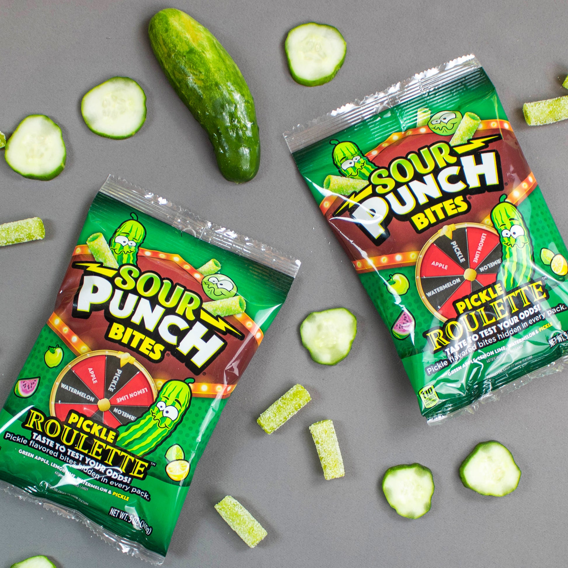 SOUR PUNCH Pickle Roulette Bites with roulette game pieces and real pickles