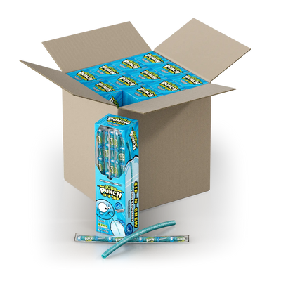 Case of Sour Punch Blue Raspberry Sip-N-Chew large candy straws for drinks: 12 caddies per case, 30 straws per caddy