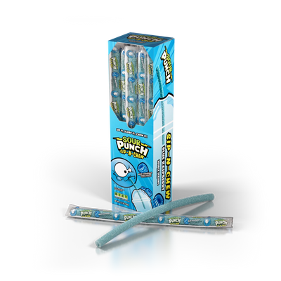 Caddy of Sour Punch Sip-N-Chew large candy straws for drinks with unwrapped Blue Raspberry straw in front of caddy