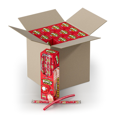 Case of Sour Punch Sip-N-Chew large candy straws for drinks: 12 caddies per case, 30 straws per caddy