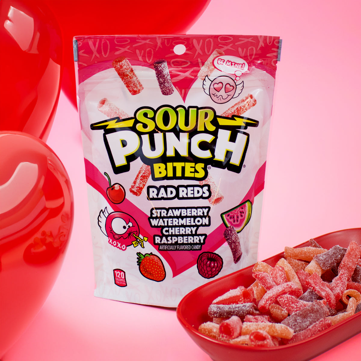 SOUR PUNCH Rad Reds Valentine's Day Candy Bites with red heart-shaped balloons