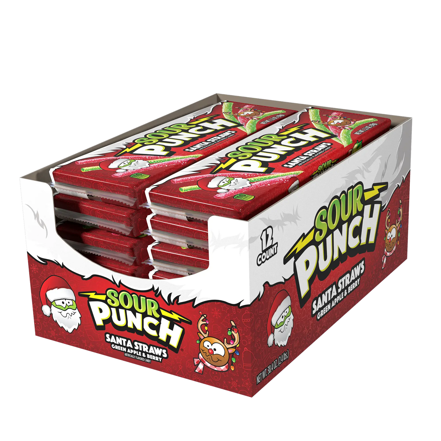 Sour Punch Santa Straws Bulk Christmas Candy - 12 trays in a display-ready caddy