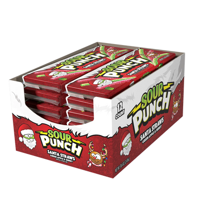 Sour Punch Santa Straws Bulk Christmas Candy - 12 trays in a display-ready caddy