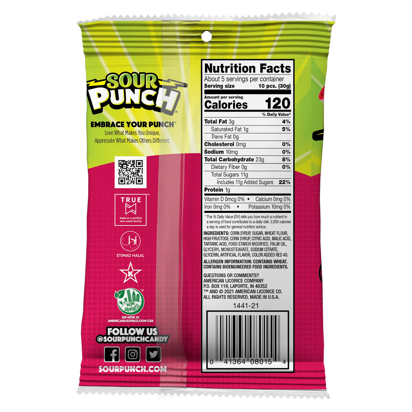 Back of Sour Punch Bites Strawberry 5oz bag