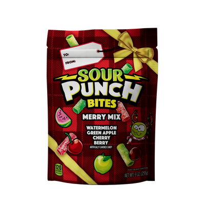 Front of Sour Punch Merry Mix 9oz Stand Up bag package