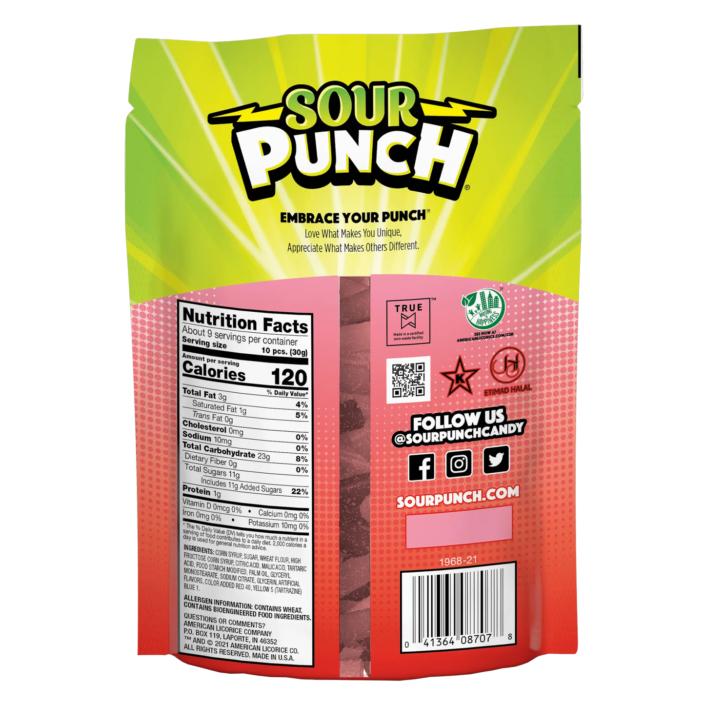 Back of Sour Punch Bites Rad Reds 9oz Stand up bag