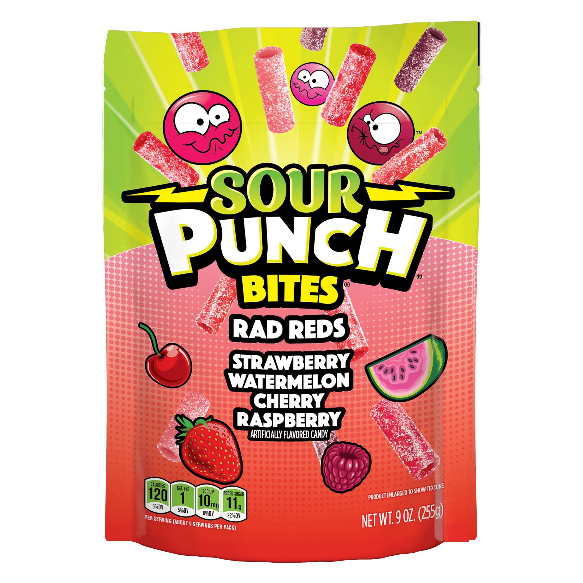 Front of Sour Punch Bites Rad Reds 9oz Stand up bag