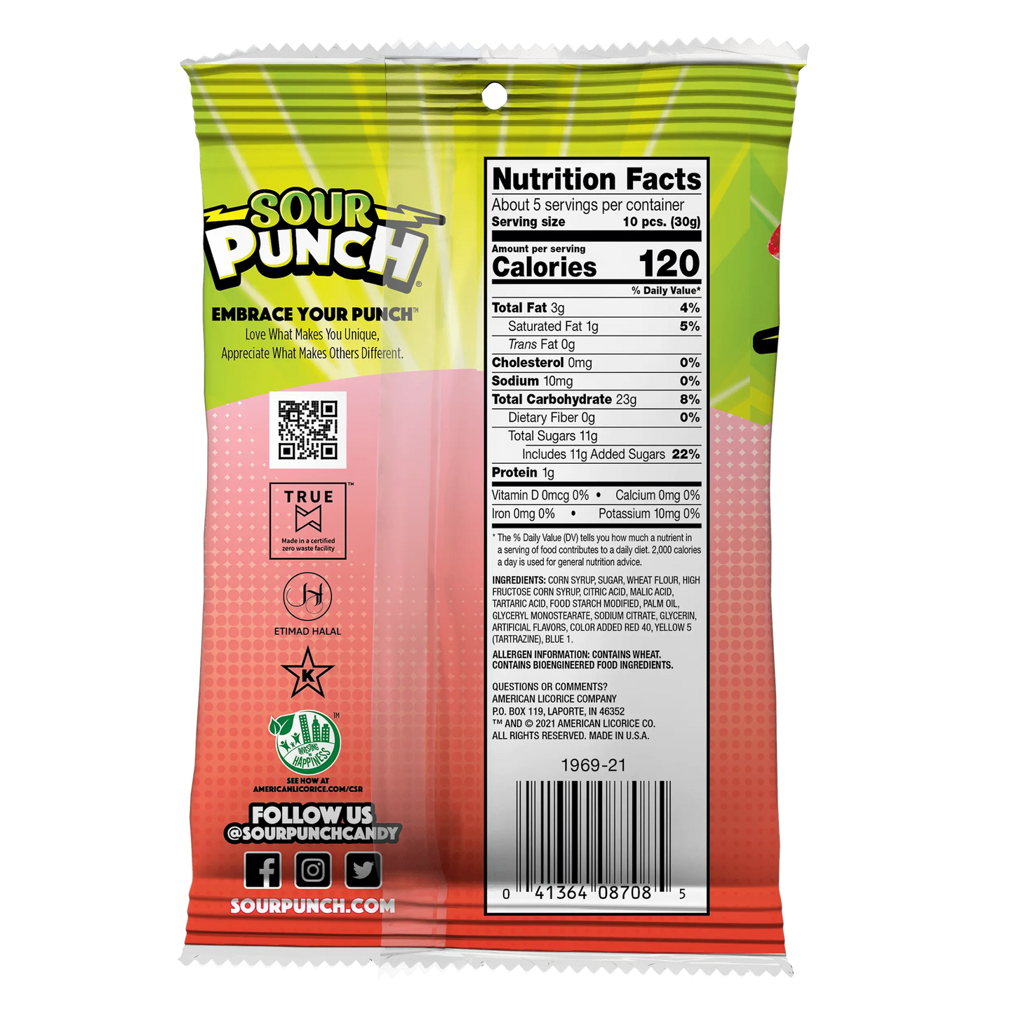 Back of Sour Punch Rad Reds Bites 5oz Hanging Bag