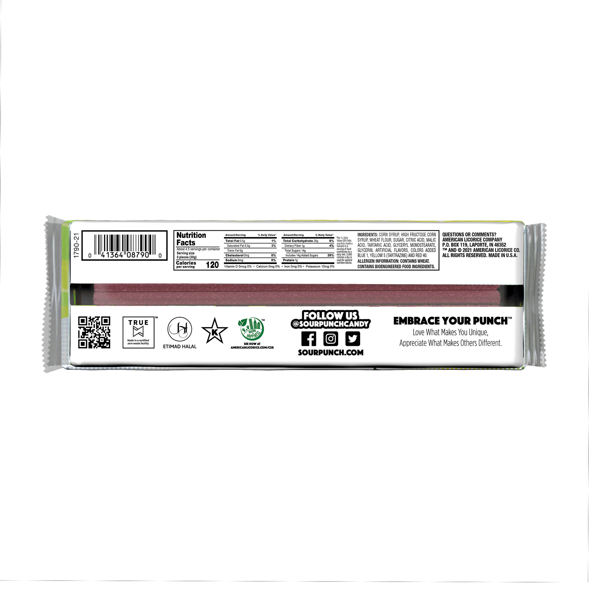 Back of SOUR PUNCH Rainbow Straws 4.5oz Tray
