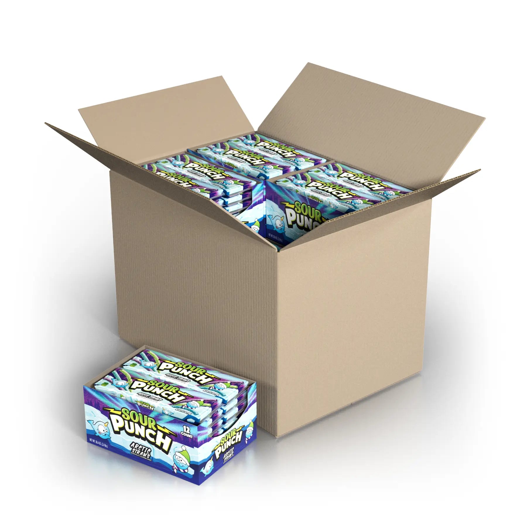Bulk winter candy case of Sour Punch Arctic Straws 3.2oz Trays