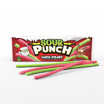 Sour Punch Santa Straws Red and Green Christmas Candy in a seasonal tray