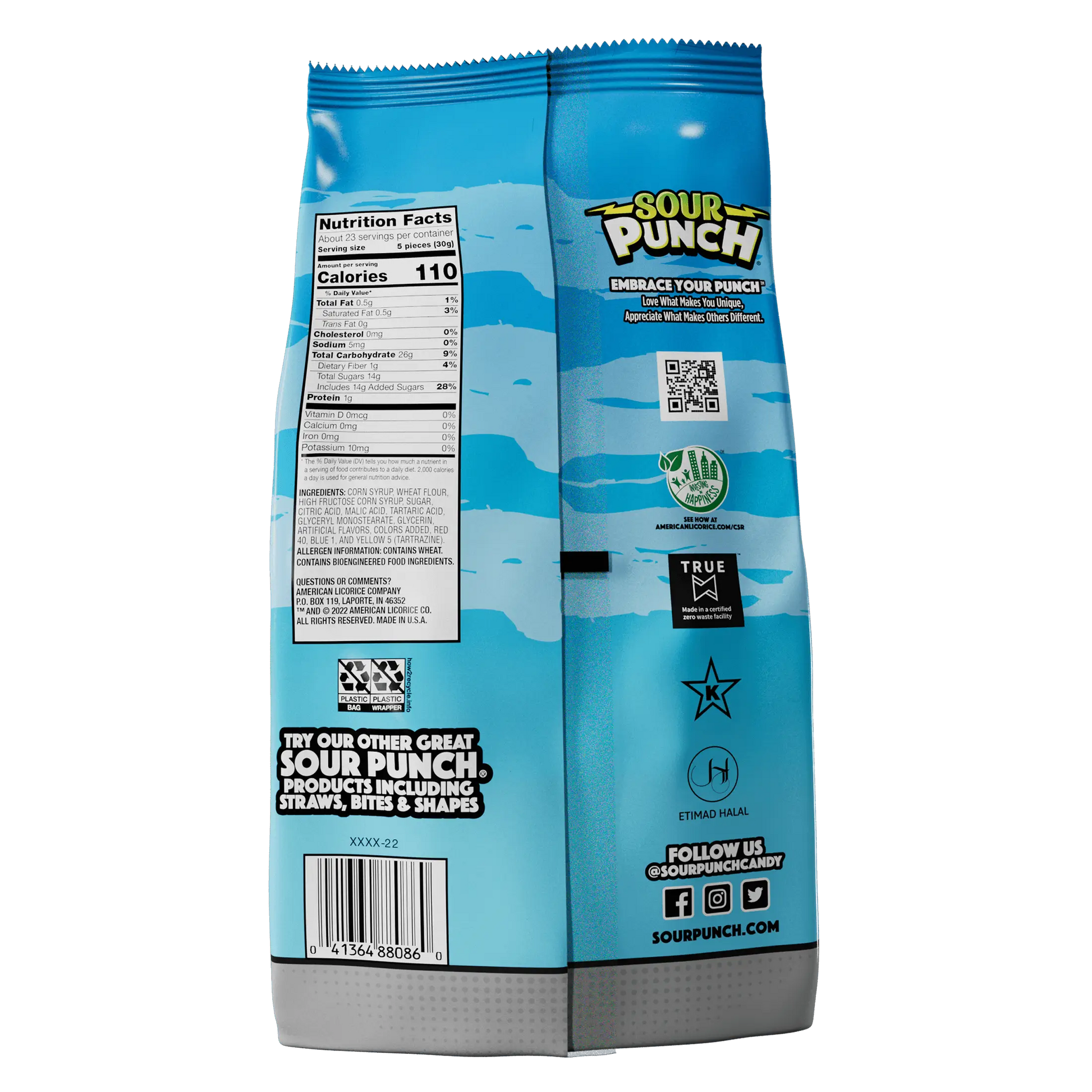 Back of Sour Punch 3" Individually Wrapped Sour Candy Twists, Assorted Candy Flavors in 24.5oz Bags