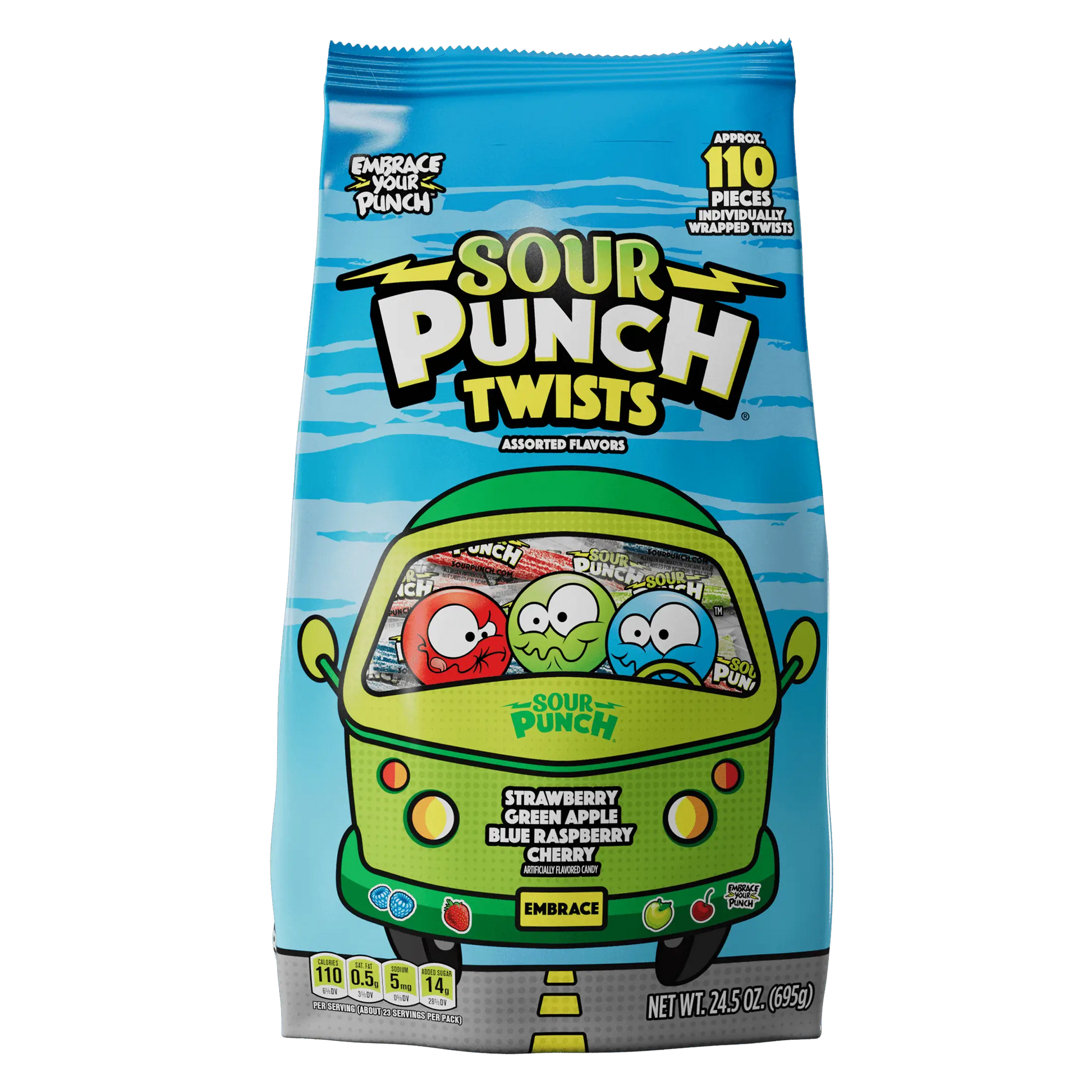 Front of Sour Punch 3" Individually Wrapped Sour Candy Twists, Assorted Candy Flavors in 24.5oz Bags