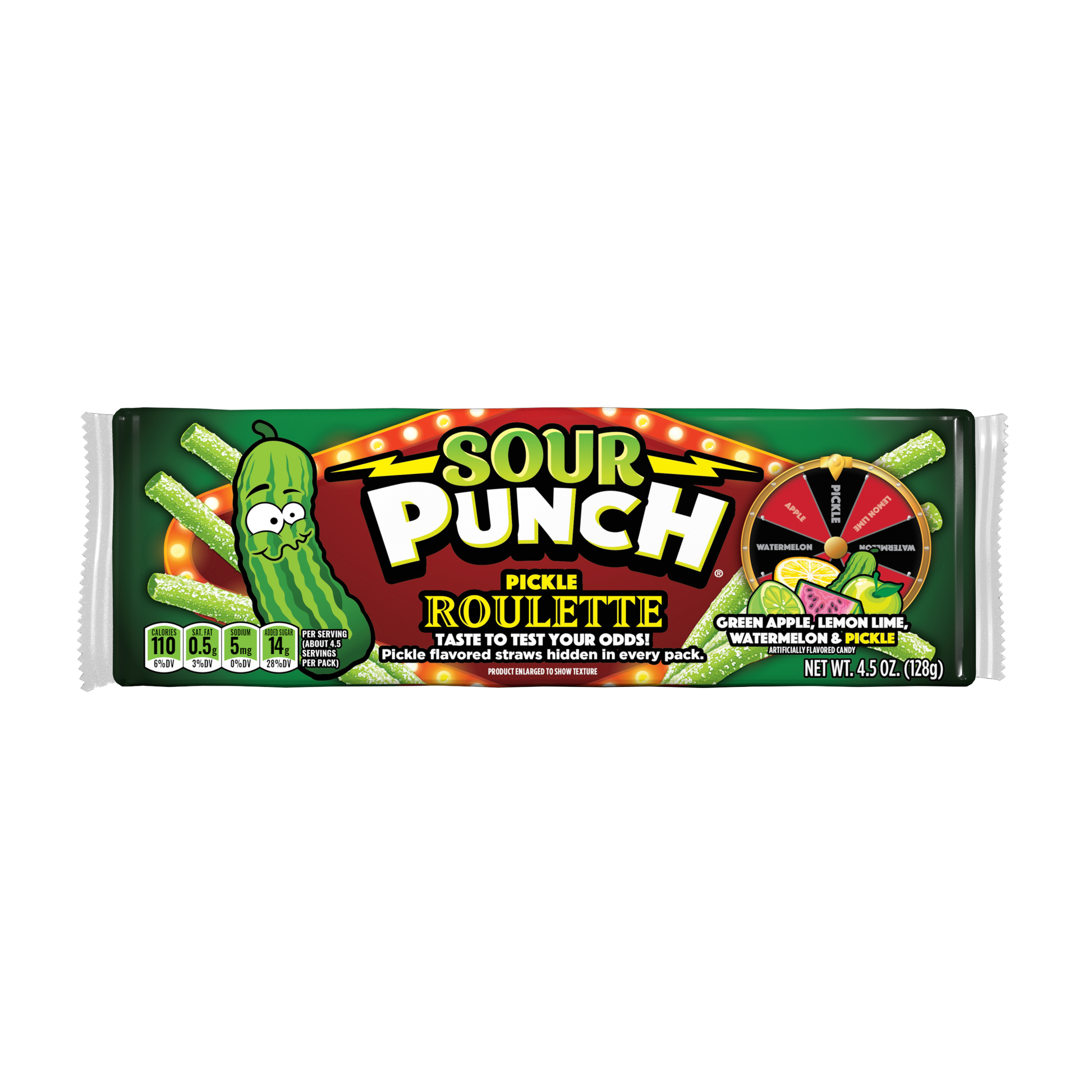 Front of SOUR PUNCH Pickle Roulette Straws Tray - Pickle Candy in Bulk