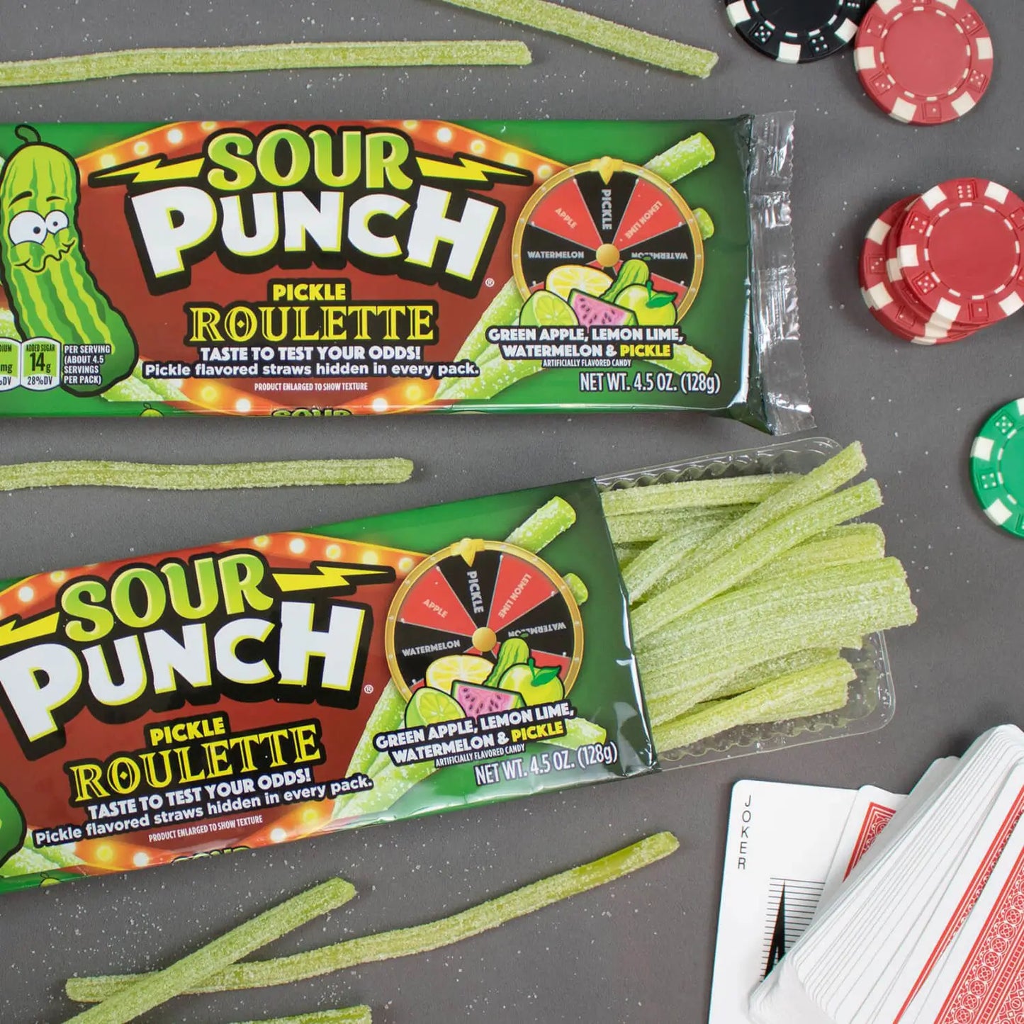 SOUR PUNCH Pickle Roulette Straws Candy with roulette game pieces