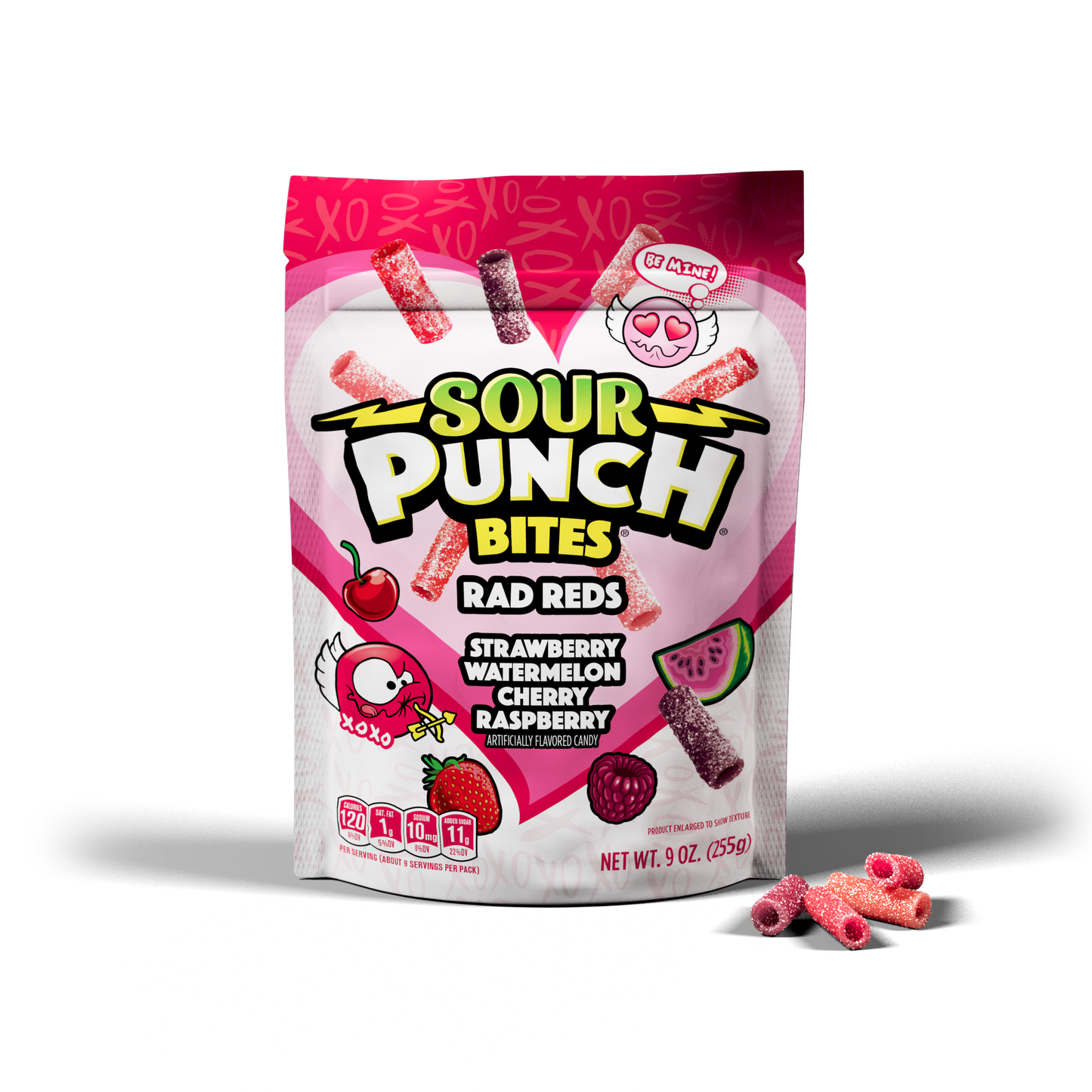 Front of SOUR PUNCH Rad Reds Valentine's Day Candy Bites 9oz bag, with assorted candy bites beside the bag