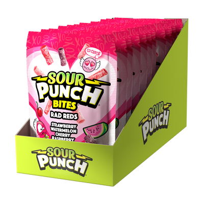 6 count display case of SOUR PUNCH Rad Reds Valentine's Day Candy Bites 9oz bags