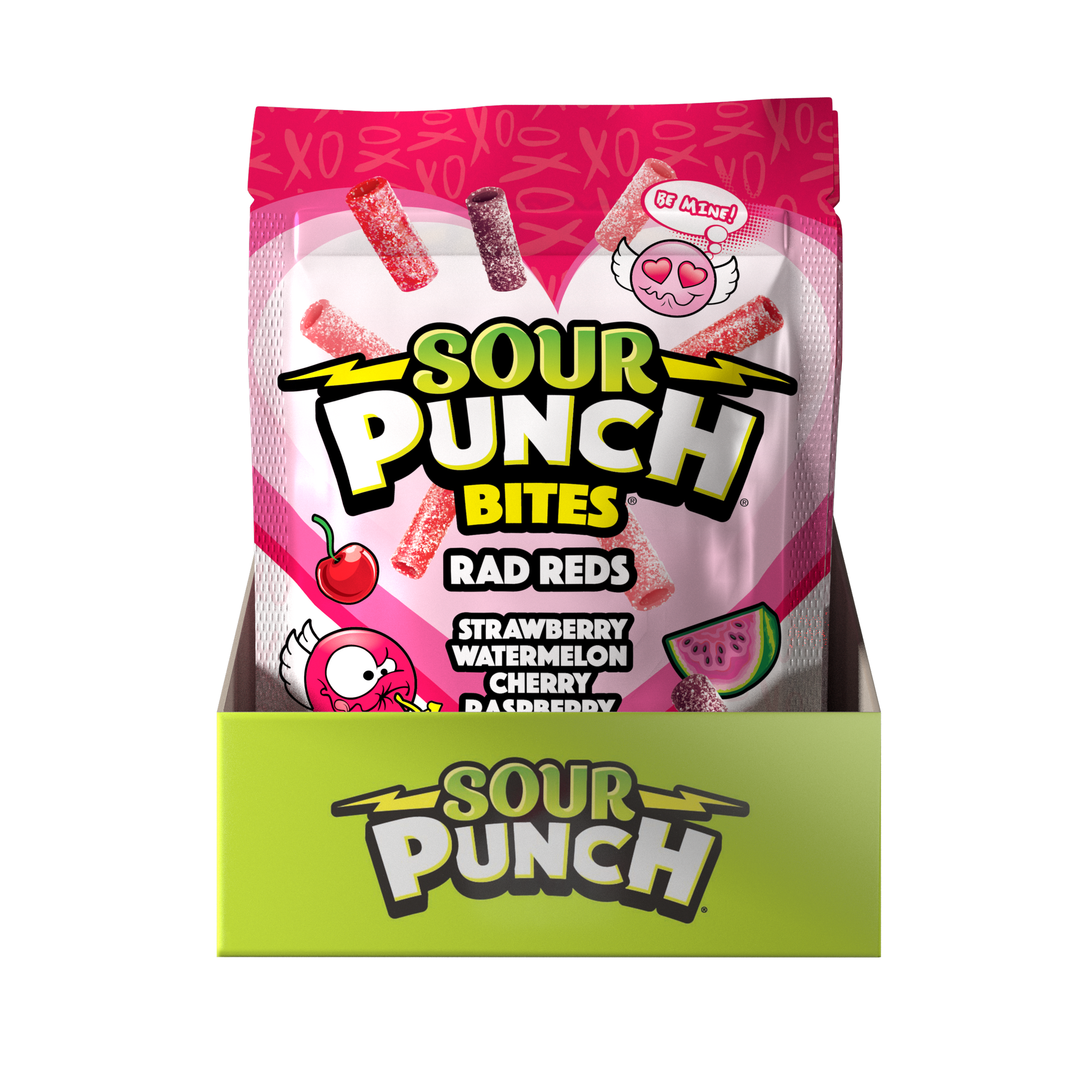 Front of display case of SOUR PUNCH Rad Reds Valentine's Day Candy Bites 9oz bags