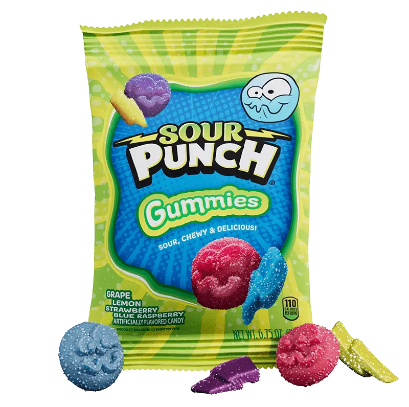 Front of Sour Punch Gummies Assorted Flavors 6.75oz Bag with Gummy Candies in Front of Bag