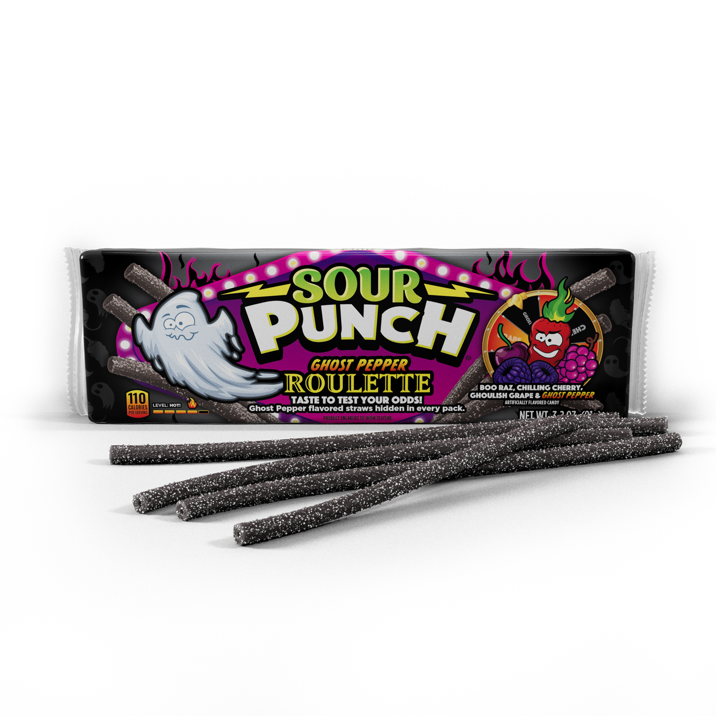 Front of SOUR PUNCH Ghost Pepper Roulette Straws 3.2oz tray with black candy straws in front