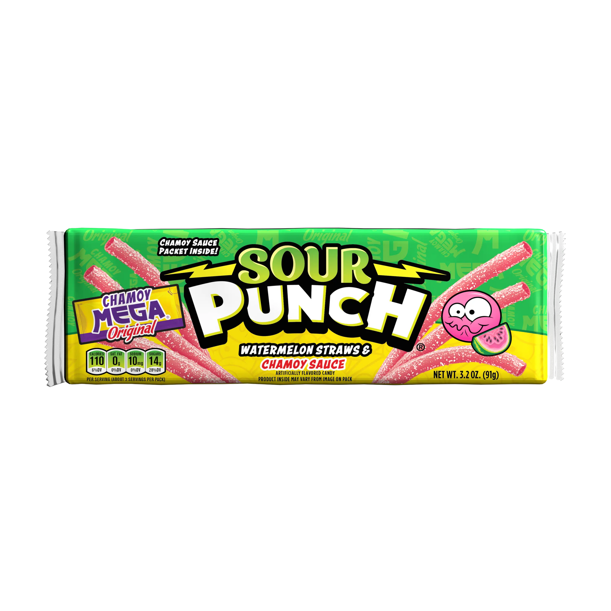 Front of Sour Punch Watermelon Straws 3.2oz Tray with Mega Chamoy Sauce