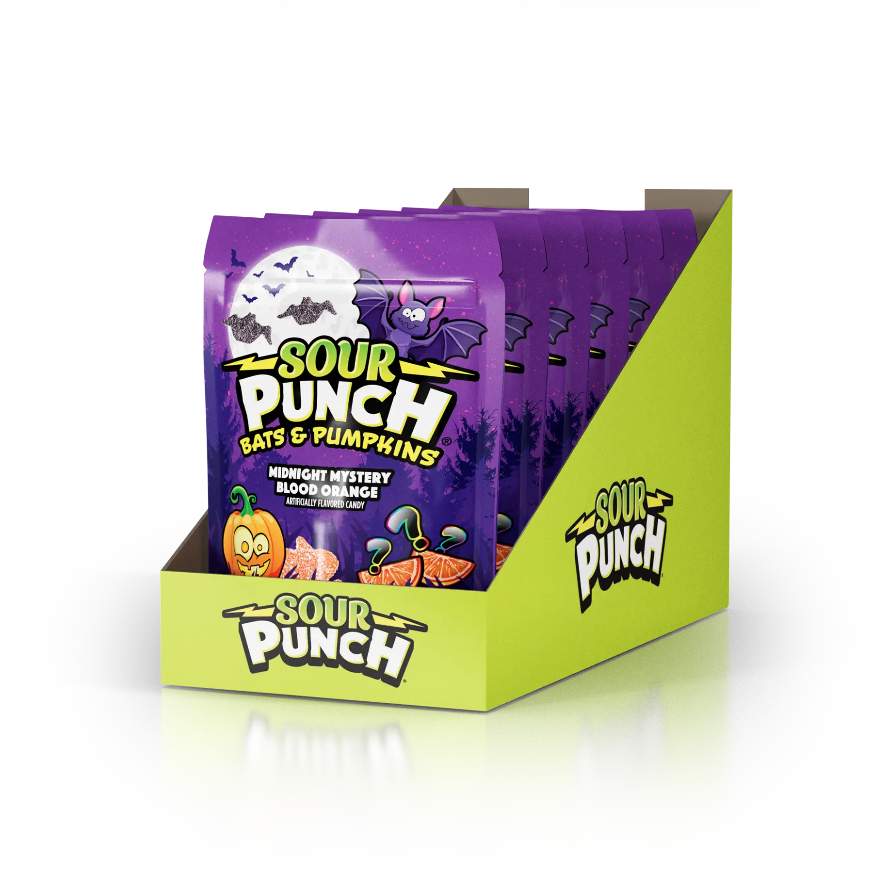 Sour Punch Bats & Pumpkins Halloween Candy in 9oz Resealable Stand Up Bags - 6 Pack Angled View